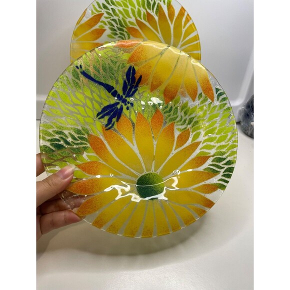 Sydenstricker Fused Glass Plate Handmade signed Orange Flower & Dragonfly - Picture 2 of 9